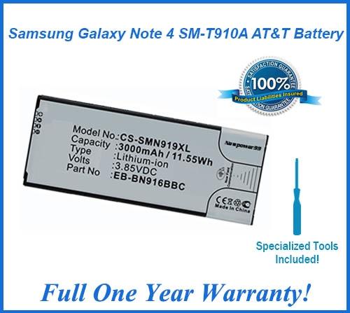 Samsung Galaxy Note 4 SM-T910A AT&T Battery Replacement Kit with Special Installation Tools, Extended Life Battery and Full One Year Warranty - NewPower99 USA