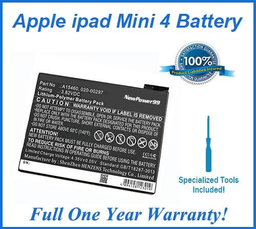 Apple iPad Mini 4 Battery Replacement Kit with Special Installation Tools, Extended Life Battery and Full One Year Warranty - NewPower99 USA