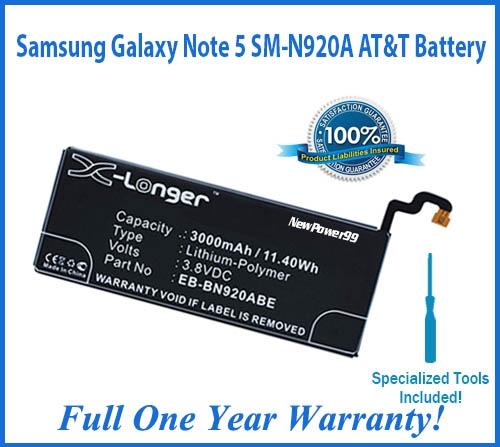 Samsung Galaxy Note 5 SM-N920A AT&T Battery Replacement Kit with Special Installation Tools, Extended Life Battery and Full One Year Warranty - NewPower99 USA